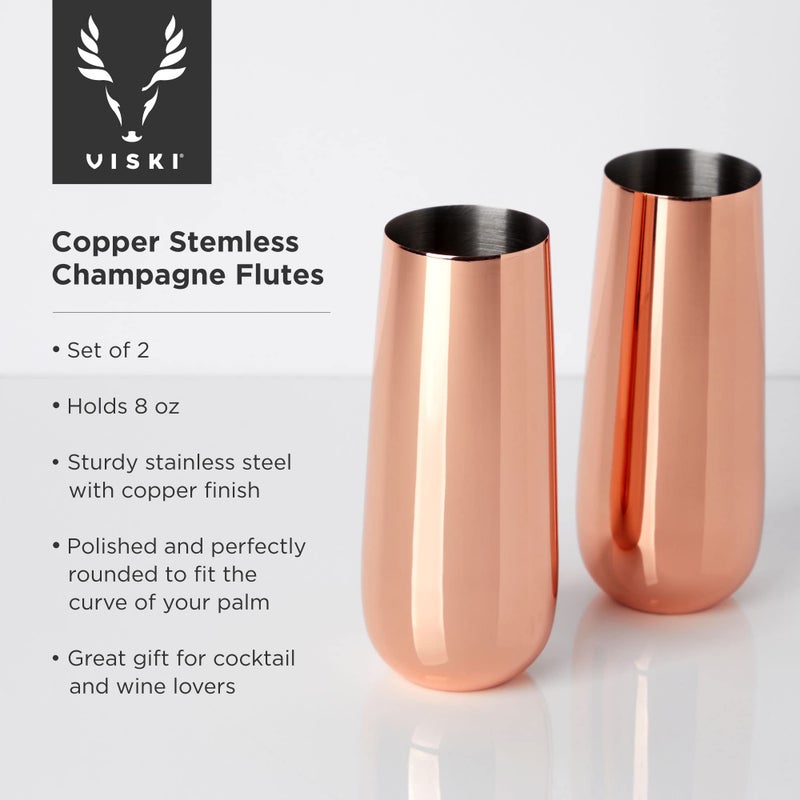 Viski Stemless Champagne Flutes, Stainless Steel Sparkling Wine Glasses for Prosecco, Sparkling Cocktails, Mimosas, Elegant Glassware for Wedding Gifts, Home Bar, 8 oz, Set of 2, Copper - Image 2